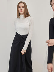 Women's High-Waisted Linen Midi Skirt with Front Twist Detail – Minimalist Draped Silhouette