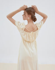 Romantic Linen Midi Dress with Puff Sleeves, Square Neckline, and Back Tie Detail