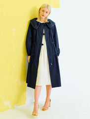 Women's Linen Midi Dress with Drawstring Waist and Oversized Collar – Layered Trench Style