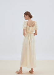 Romantic Linen Midi Dress with Puff Sleeves, Square Neckline, and Back Tie Detail