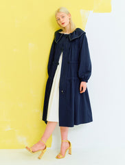 Women's Linen Midi Dress with Drawstring Waist and Oversized Collar – Layered Trench Style
