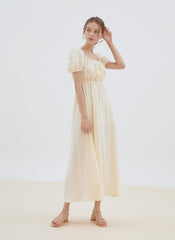 Romantic Linen Midi Dress with Puff Sleeves, Square Neckline, and Back Tie Detail