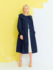 Women's Linen Midi Dress with Drawstring Waist and Oversized Collar – Layered Trench Style