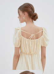 Romantic Linen Midi Dress with Puff Sleeves, Square Neckline, and Back Tie Detail