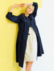 Women's Linen Midi Dress with Drawstring Waist and Oversized Collar – Layered Trench Style