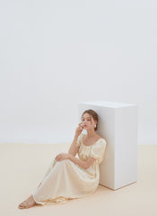 Romantic Linen Midi Dress with Puff Sleeves, Square Neckline, and Back Tie Detail