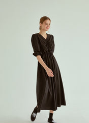 Cotton Poplin Midi Dress with V-Neckline, Ruched Bodice and Puff Sleeves for Everyday Elegance