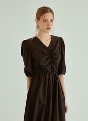 Cotton Poplin Midi Dress with V-Neckline, Ruched Bodice and Puff Sleeves for Everyday Elegance