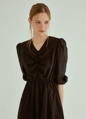 Cotton Poplin Midi Dress with V-Neckline, Ruched Bodice and Puff Sleeves for Everyday Elegance