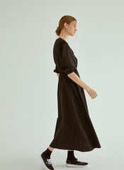 Cotton Poplin Midi Dress with V-Neckline, Ruched Bodice and Puff Sleeves for Everyday Elegance