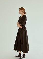 Cotton Poplin Midi Dress with V-Neckline, Ruched Bodice and Puff Sleeves for Everyday Elegance