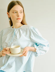 Women's Linen Button-Down Blouse with Balloon Sleeves and Round Neck – Relaxed Fit Top