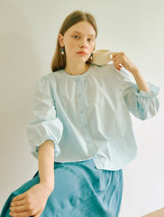 Women's Linen Button-Down Blouse with Balloon Sleeves and Round Neck – Relaxed Fit Top