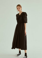 Cotton Poplin Midi Dress with V-Neckline, Ruched Bodice and Puff Sleeves for Everyday Elegance
