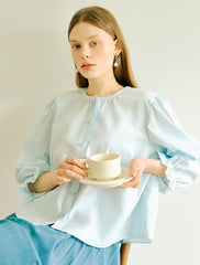 Women's Linen Button-Down Blouse with Balloon Sleeves and Round Neck – Relaxed Fit Top