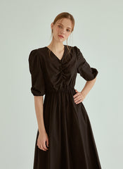 Cotton Poplin Midi Dress with V-Neckline, Ruched Bodice and Puff Sleeves for Everyday Elegance