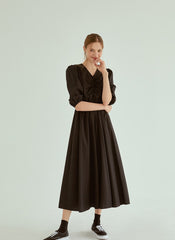 Cotton Poplin Midi Dress with V-Neckline, Ruched Bodice and Puff Sleeves for Everyday Elegance