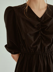 Cotton Poplin Midi Dress with V-Neckline, Ruched Bodice and Puff Sleeves for Everyday Elegance