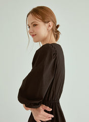 Cotton Poplin Midi Dress with V-Neckline, Ruched Bodice and Puff Sleeves for Everyday Elegance