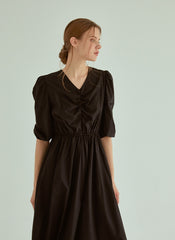 Cotton Poplin Midi Dress with V-Neckline, Ruched Bodice and Puff Sleeves for Everyday Elegance
