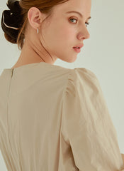 Cotton Poplin Midi Dress with Ruched Bodice, Puff Sleeves and Cinched Waist Detailing