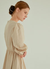 Cotton Poplin Midi Dress with Ruched Bodice, Puff Sleeves and Cinched Waist Detailing