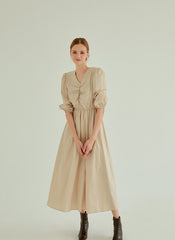 Cotton Poplin Midi Dress with Ruched Bodice, Puff Sleeves and Cinched Waist Detailing