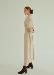 Cotton Poplin Midi Dress with Ruched Bodice, Puff Sleeves and Cinched Waist Detailing