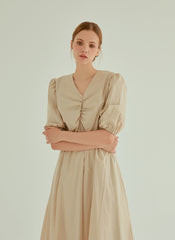 Cotton Poplin Midi Dress with Ruched Bodice, Puff Sleeves and Cinched Waist Detailing