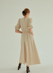 Cotton Poplin Midi Dress with Ruched Bodice, Puff Sleeves and Cinched Waist Detailing