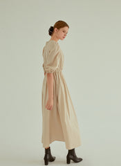 Cotton Poplin Midi Dress with Ruched Bodice, Puff Sleeves and Cinched Waist Detailing
