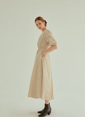 Cotton Poplin Midi Dress with Ruched Bodice, Puff Sleeves and Cinched Waist Detailing