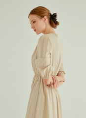 Cotton Poplin Midi Dress with Ruched Bodice, Puff Sleeves and Cinched Waist Detailing