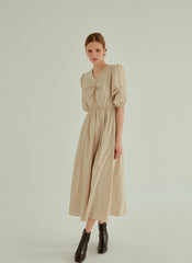 Cotton Poplin Midi Dress with Ruched Bodice, Puff Sleeves and Cinched Waist Detailing