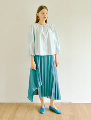 Women's Linen Pleated Midi Skirt with Asymmetrical Hem – Flowing A-Line Silhouette