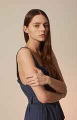 Sleeveless Linen Midi Dress with Square Neckline and Waist Tie for Effortless Elegance