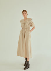 Cotton Poplin Midi Dress with Ruched Bodice, Puff Sleeves and Cinched Waist Detailing