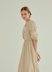 Cotton Poplin Midi Dress with Ruched Bodice, Puff Sleeves and Cinched Waist Detailing