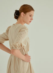 Cotton Poplin Midi Dress with Ruched Bodice, Puff Sleeves and Cinched Waist Detailing