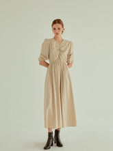 Cotton Poplin Midi Dress with Ruched Bodice, Puff Sleeves and Cinched Waist Detailing