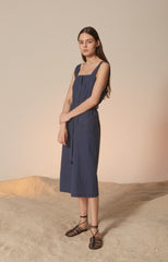 Sleeveless Linen Midi Dress with Square Neckline and Waist Tie for Effortless Elegance