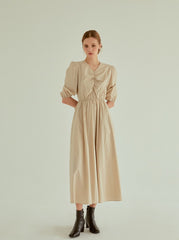 Cotton Poplin Midi Dress with Ruched Bodice, Puff Sleeves and Cinched Waist Detailing