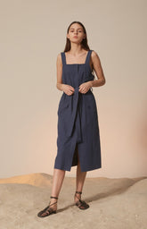 Sleeveless Linen Midi Dress with Square Neckline and Waist Tie for Effortless Elegance
