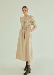 Cotton Poplin Midi Dress with Ruched Bodice, Puff Sleeves and Cinched Waist Detailing