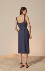 Sleeveless Linen Midi Dress with Square Neckline and Waist Tie for Effortless Elegance