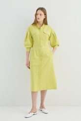 Long-Sleeve Linen Midi Shirt Dress With Drawstring Waist and Notch Collar