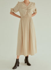 Cotton Poplin Midi Dress with Ruched Bodice, Puff Sleeves and Cinched Waist Detailing