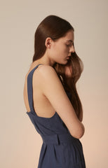 Sleeveless Linen Midi Dress with Square Neckline and Waist Tie for Effortless Elegance