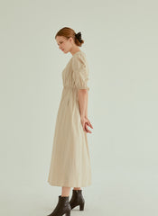 Cotton Poplin Midi Dress with Ruched Bodice, Puff Sleeves and Cinched Waist Detailing