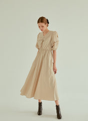 Cotton Poplin Midi Dress with Ruched Bodice, Puff Sleeves and Cinched Waist Detailing